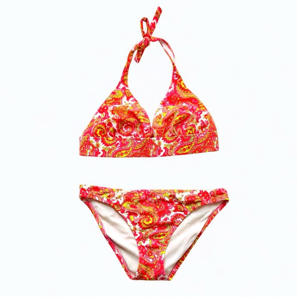 Victoria Secret bikini coral yellow pink paisley top L. Bottoms M.